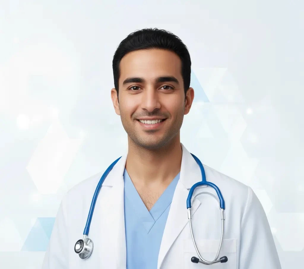 طبيبة سعودية مبتسمة ترتدي معطف المختبر الأبيض